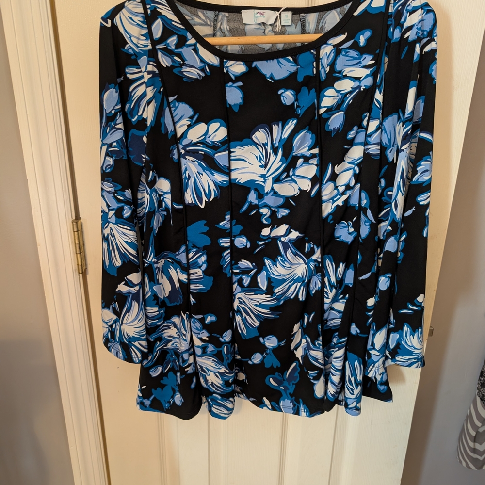 Just My Size Black and Blue Floral Blouse